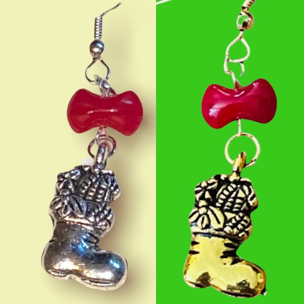 Hand Crafted Earrings Stocking Bow Silver Dangle Jewelry Christmas Pierced - Picture 4 of 5